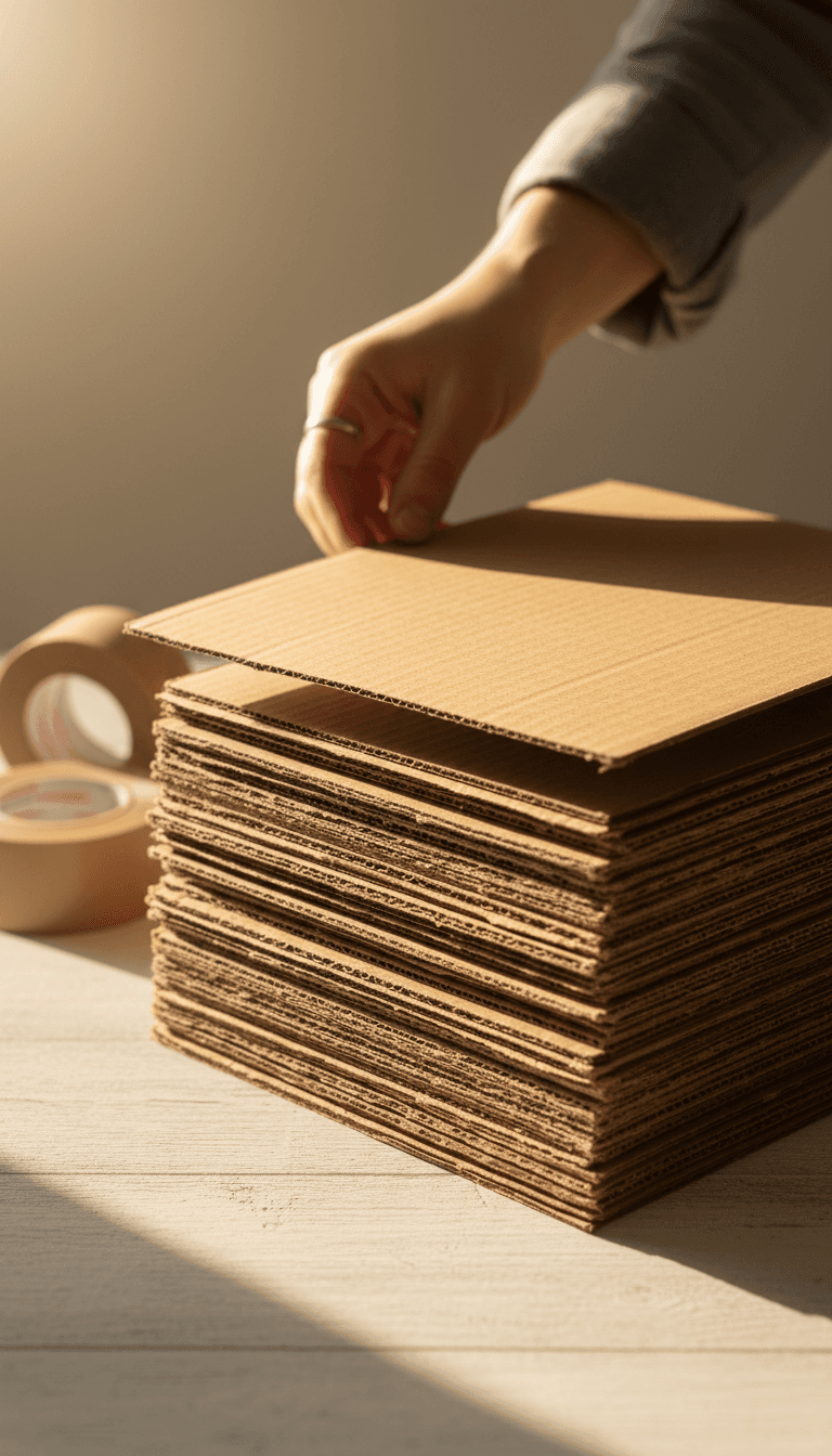 Flat, stackable TerraTote boxes made from recycled cardboard