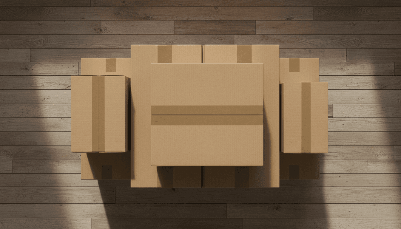 Stacked kraft cardboard boxes on a wooden floor in soft natural light