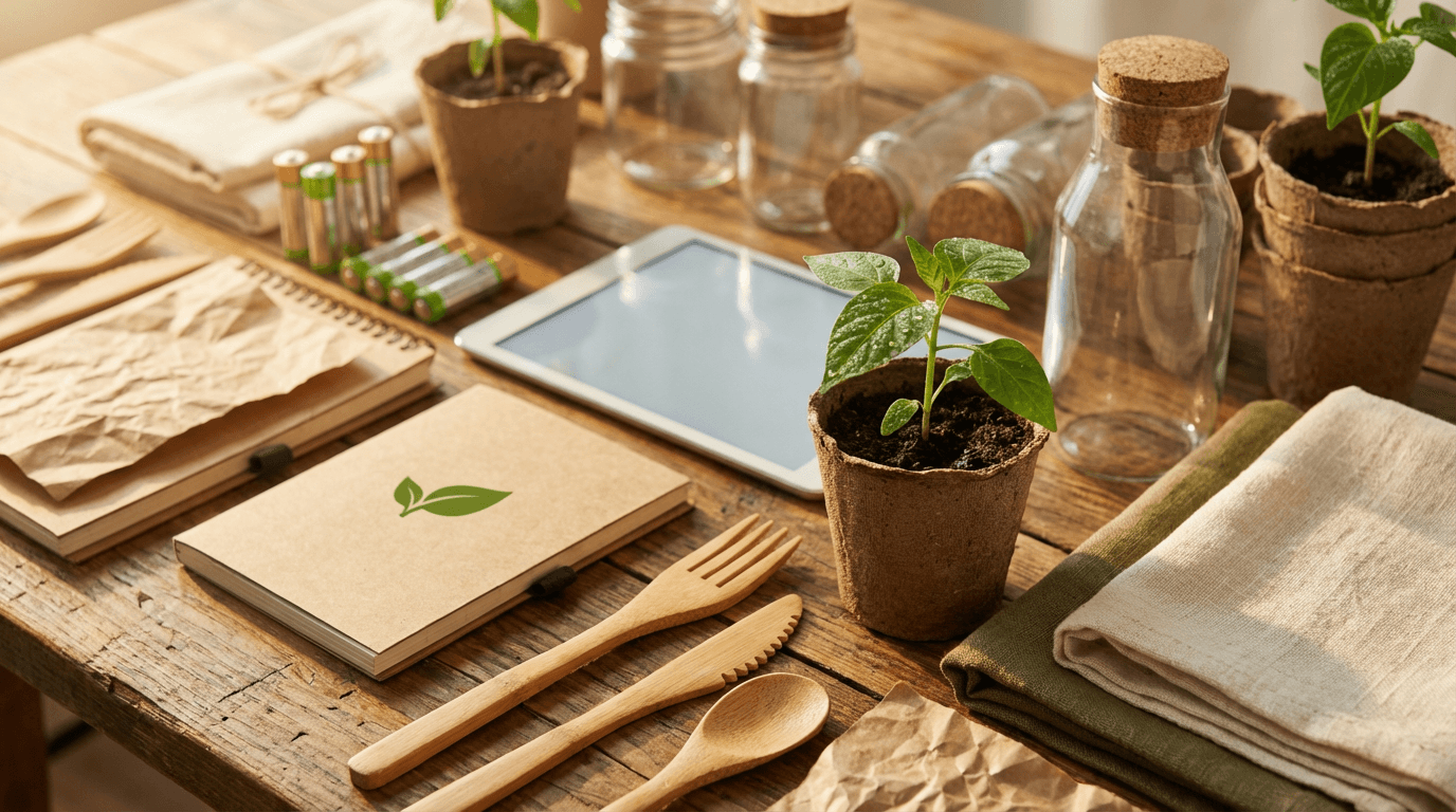 Recycled cardboard boxes and kraft paper packing materials arranged neatly on a wooden surface with a small plant
