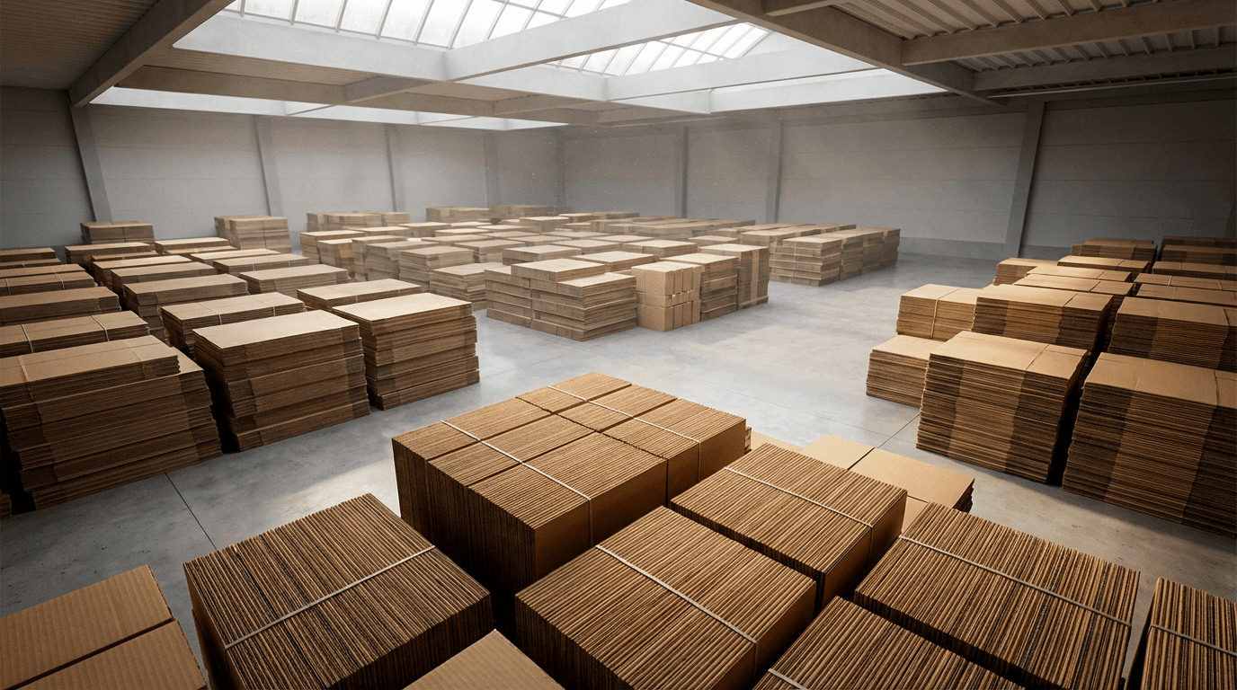 Flat-pack TerraTote boxes stacked for shipping