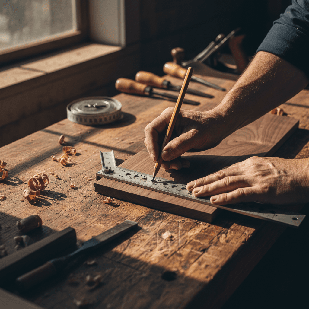Hands measuring a flat cardboard sheet on a wooden workbench