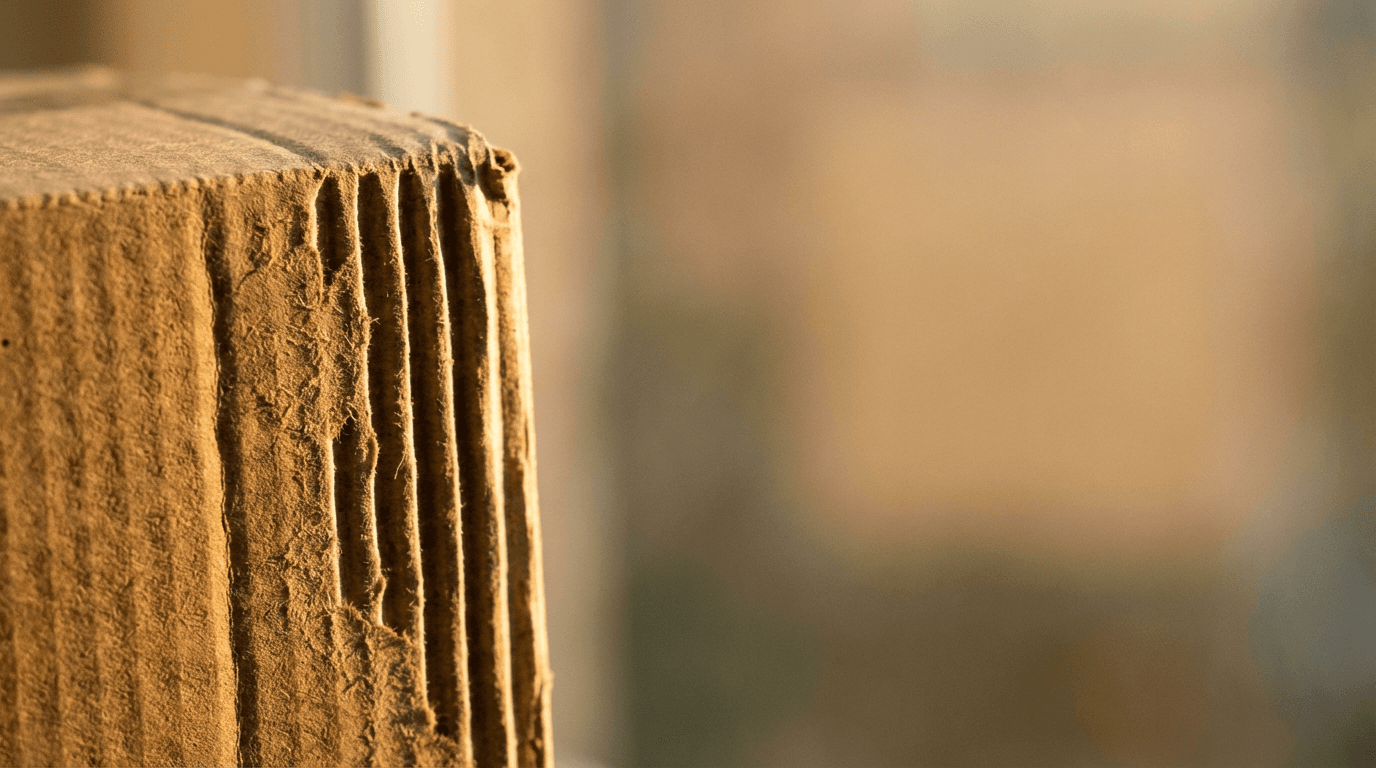 Corner of a cardboard box sealed with brown paper tape